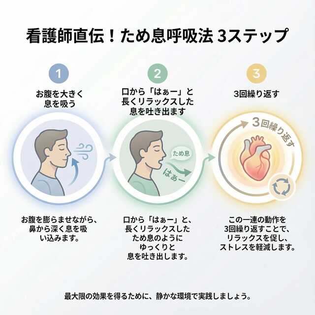 看護師がすすめる、ため息呼吸法の3ステップを図解で示した画像