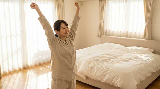 更年期で眠れなくて悩む女性が、今日から簡単にできるセルフケアや専門家に相談することで眠れて、朝スッキリ伸びをしている画像