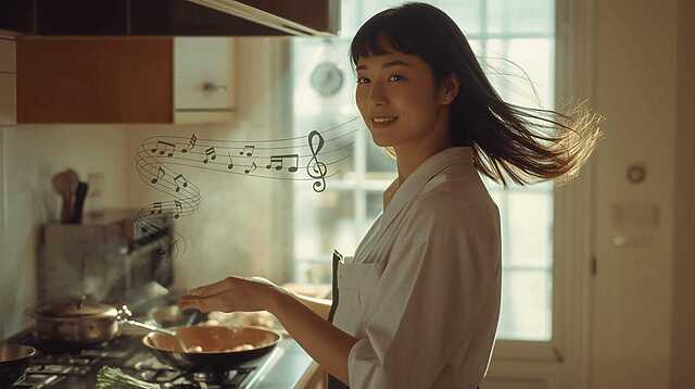 「ながらリズム運動」で、家事をしながらリズム運動する女性