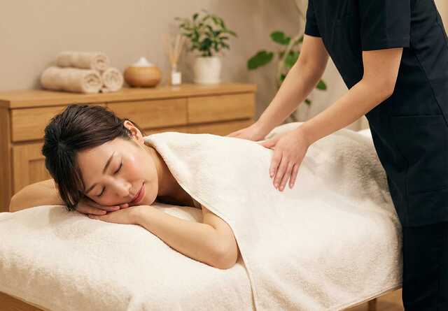 女性整体師に更年期のゆらぎに効く施術を受けている女性