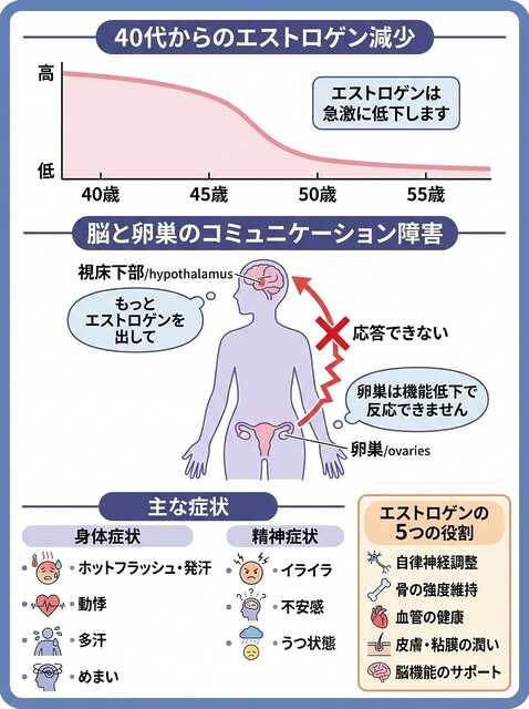 40代から始まるエストロゲンの急激な減少、脳と卵巣のコミュニケーション障害、更年期障害の主な症状