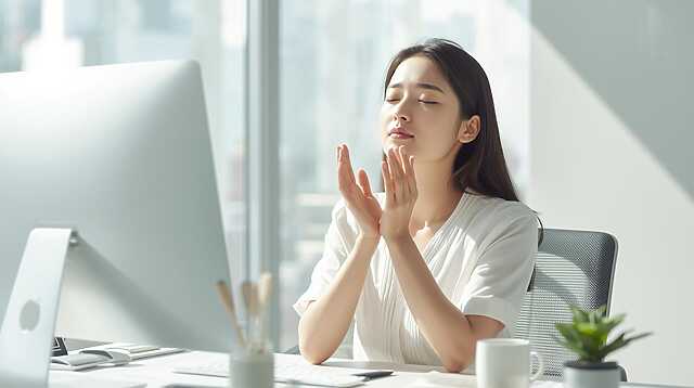 オフィスのパスコン前で目をつむってリラックスしている女性