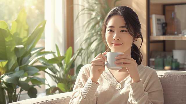 ソファーでコーヒーを飲んでくつろぐ30代日本女性