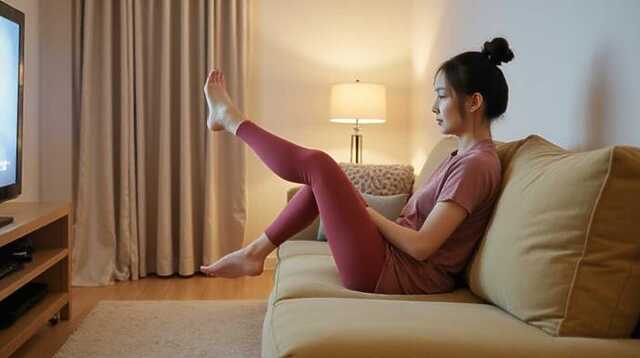 女性がテレビを見ながら足上げ運動をしている