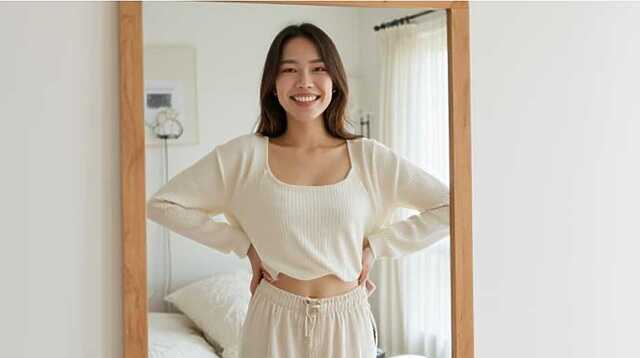 女性が鏡の前で笑っている