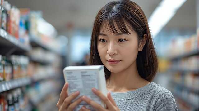 日本人女性がドラッグストアで漢方薬の成分表示を読んでいる