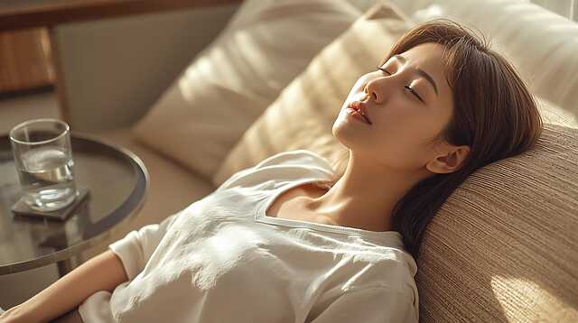 日本人女性がソファで背筋を伸ばして座り、目を閉じて深呼吸している