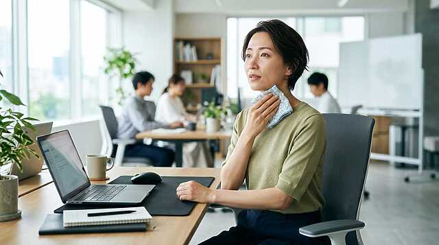 30代後半の日本人女性がオフィスでホットフラッシュが起こり、タオルで汗を拭いている
