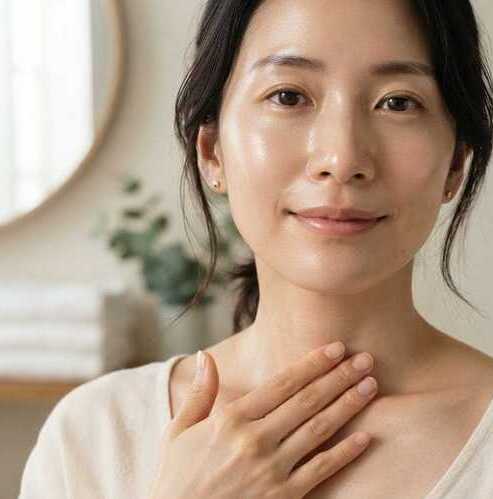 鎖骨マッサージをしている40代日本女性