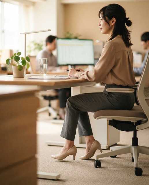 30代日本人女性がオフィスでふくらはぎポンピングしている