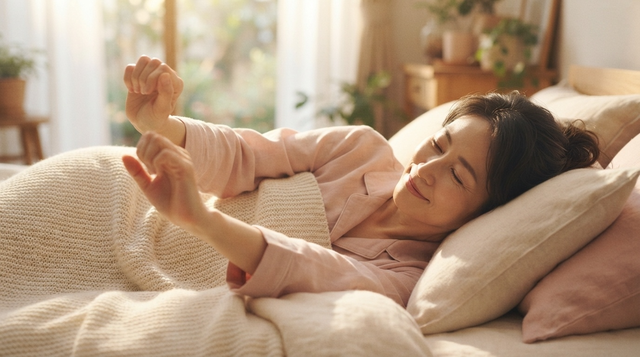 朝起きた時手のこわばりを気にしてグーパーする40～50代女性