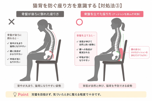 猫背を防ぐ座り方を意識する【更年期の背中の痛み対処法③】