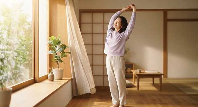 更年期の背中の痛みのある女性が部屋で伸びをしている